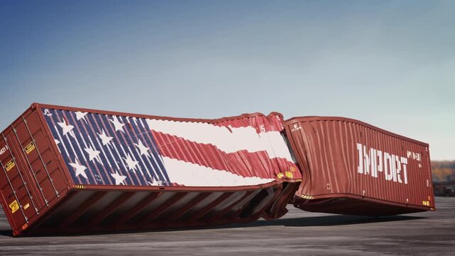 Crushed shipping container hovering above cargo terminal. slow motion