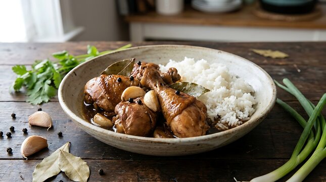 Filipino Chicken Adobo with Steamed White Rice in a Rustic Bowl on a Wooden Table. Filipino Cuisine