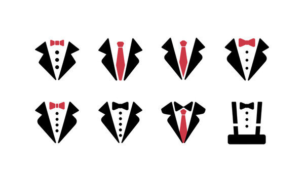 Gentleman tuxedo suit jacket and necktie vector icon set, elegant male wedding clothes isolated on white background