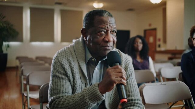Accepting mic with red ring after hand extending it, man in gray cardigan speaking to meeting