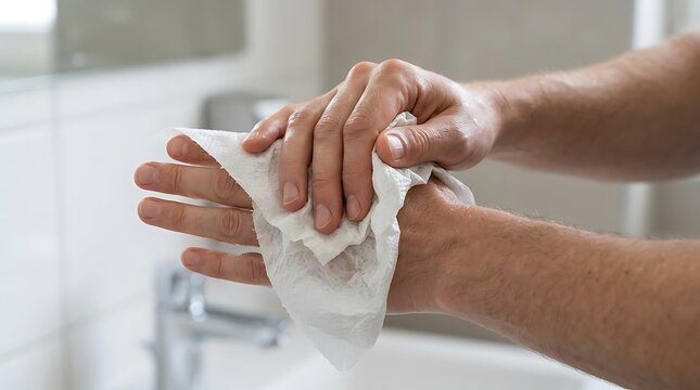 Man drying hands with white paper towel in bathroom