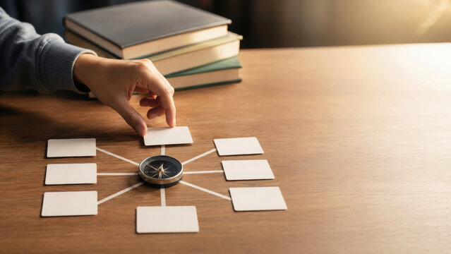 College prep checklist concept with hand arranging blank cards around compass on wooden desk, books in background, planning and organization idea