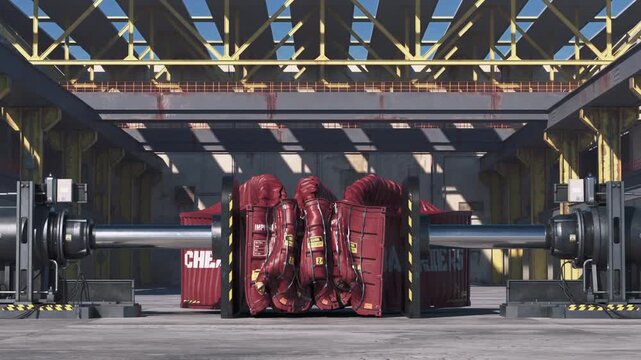 Hydraulic press crushing three cargo containers