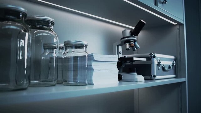 Shifting camera lens adjusting focus on middle shelf in lab, emphasizing jars, microscope, papers