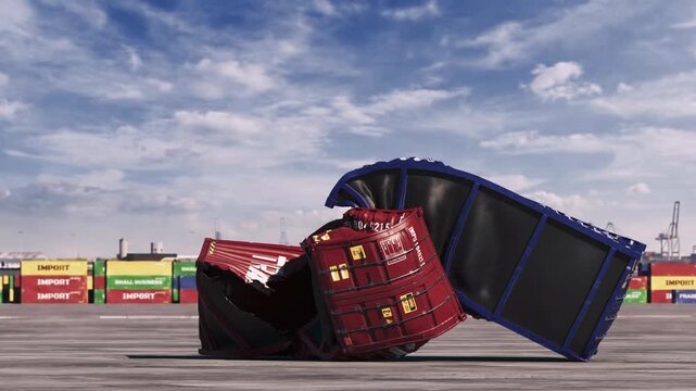Global trade containers crushing in violent collision. slow motion