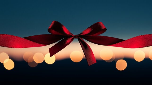 Red ribbon bow on blurred lights background.