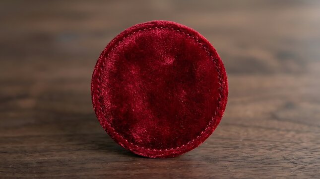 Red velvet circular patch resting on a dark wooden surface