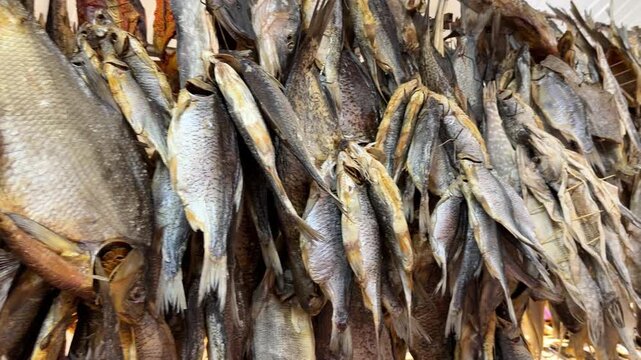 Close up of various types of stockfish hanging on hooks at traditional market display. Dried salty seafood assortment for sale in local grocery shop under soft indoor light.