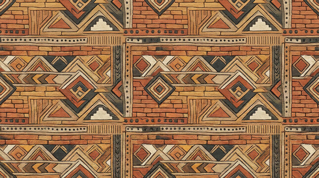 african tribal geometric pattern with brick texture and diamond shapes in warm earthy colors.