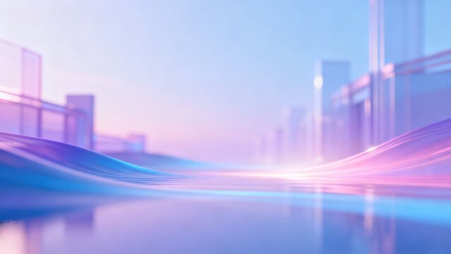 Abstract blue and pink digital technology landscape with flowing luminous waves and copy space, idea for futuristic business background and presentation banner