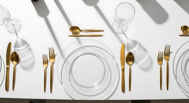 Luxury table setting with gold cutlery.