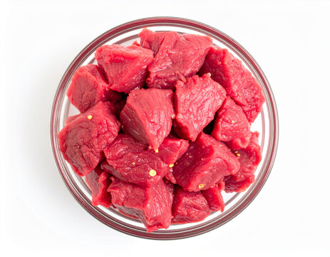 Raw stew beef meat ingredient in a glass bowl, top view, white background. AI