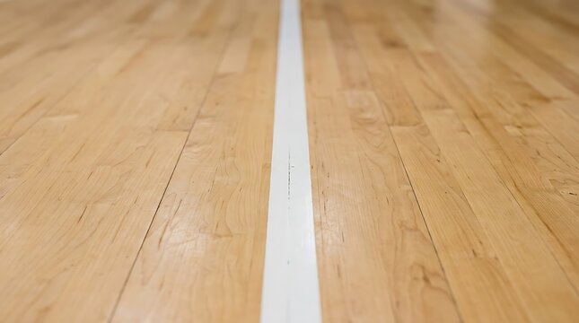 Hardwood basketball court floor with white marking line
