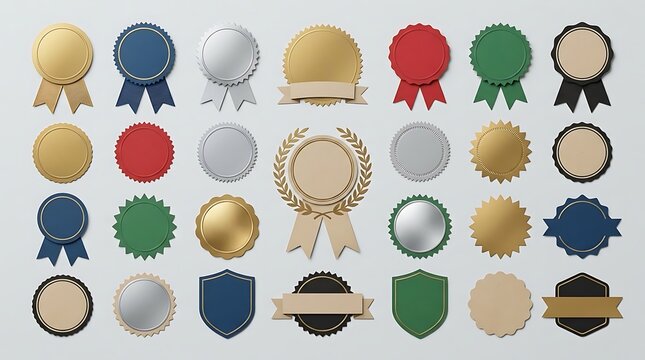 Collection of blank award ribbons and achievement medals
