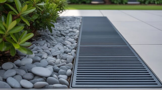 A modern metal drainage grate installed in a patio area next to smooth grey decorative pebbles and lush green plants in a landscaped garden space
