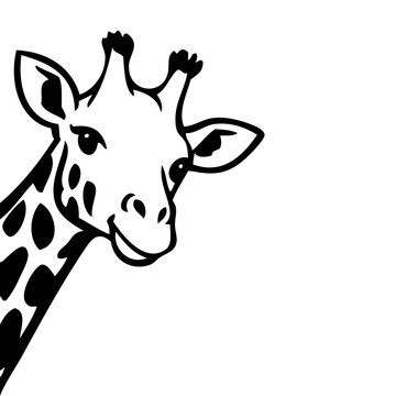 Logotipo fauna africana. Icono con dibujo sencillo con l&iacute;neas de la cabeza de una jirafa asomando del borde de la imagen con vista al frente 