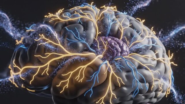 Abstract 3D Rendering of a Glossy Purple Brain Model Symbolizing Thought Ideas and Creativity