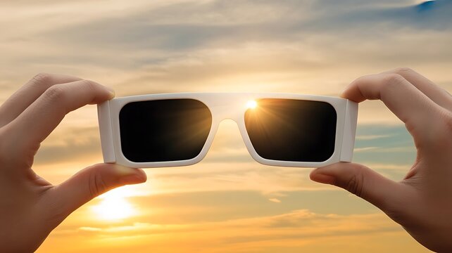 A pair of dark sunglasses held up against a bright sunset sky, capturing the sun flare through the lenses in a outdoor evening scene