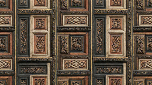 Classic wood carved panel texture with floral carvings and geometric patterns for vintage interiors.