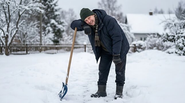 Happy man leaning on a snow shovel in a winter yard
