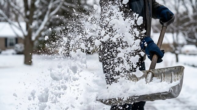 Person shoveling and tossing white snow with a metal shovel outdoors