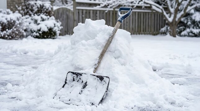 Black snow shovel leaning against a large pile of fresh white snow
