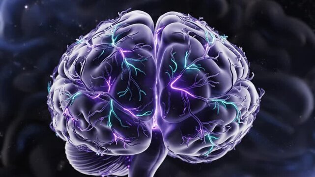 Abstract glowing brain with neural connections representing consciousness thoughts and intelligence in a cosmic background