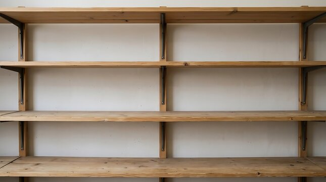 Empty wooden wall shelves with industrial metal brackets