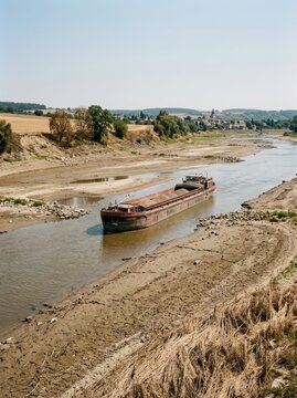 Cargo barge navigating a low water river channel in a dry landscape