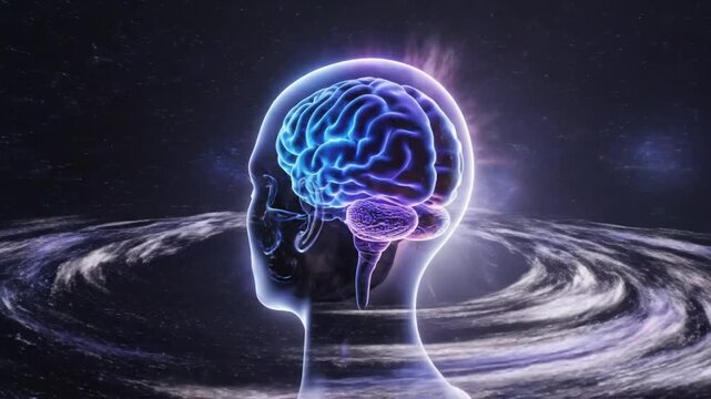 Abstract glowing human head profile with illuminated brain representing consciousness thoughts and the universe