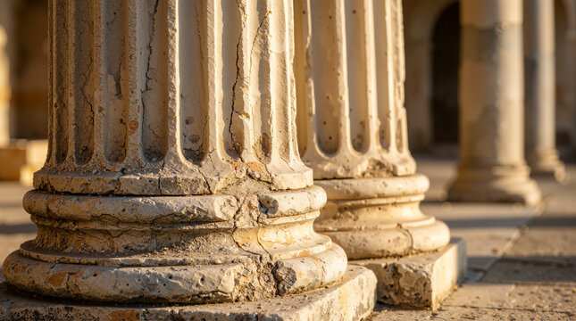 Ancient Weathered Classical Stone Pillars with Fluted Columns and Ornate Bases Bathed in Warm Sunlight