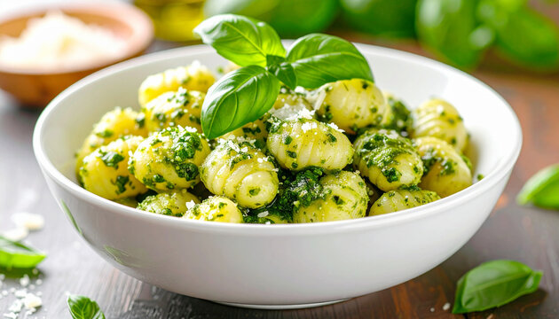 Gnocchi with basil pesto sauce, white bowl. AI