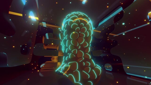 Seamless loop of abstract human bust with glowing cellular wireframe. Digital futuristic artificial intelligence sculpture surrounded by organic forms and particle streams science background.