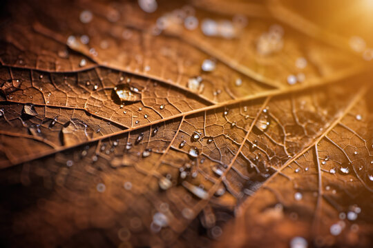 Macro close up of dry autumn leaf with water droplets, natural texture, warm light, golden foliage background and botanical seasonal nature concept