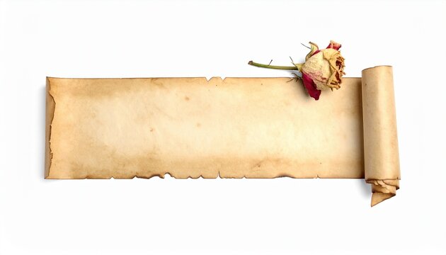 Vintage Scroll with Dried Rose on White Background Evoking Nostalgia and Timeless Elegance