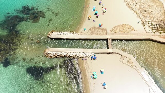 Aerial View of River Mouth, Beach and Bridge at Spiaggia di Posada, Sardinia, Italy