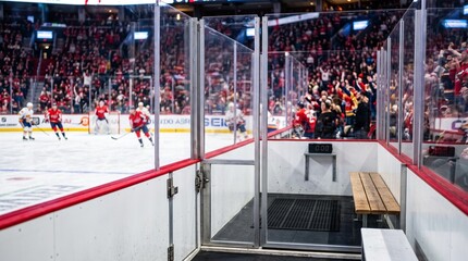 Fototapeta premium Empty penalty box in hockey rink, Ice hockey penalty box with players skating on rink during game
