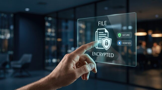 Hacker decrypting files on a digital screen with security shield