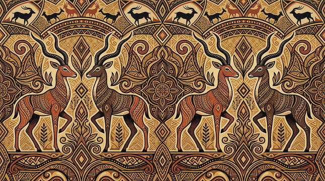 Majestic kudu antelope pattern with intricate tribal elements in warm earth tones for luxury interiors.