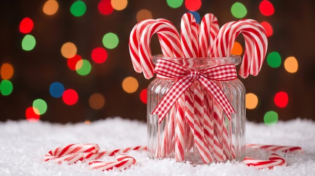 Jar of Candy Canes with Bokeh Lights photo image
