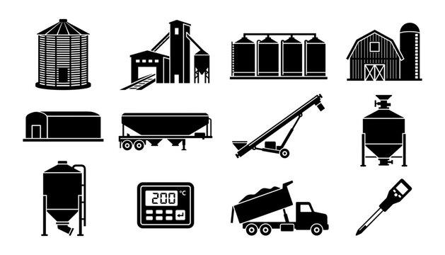 Grain Elevator and Agricultural Silo Icon Set with Barn, Grain Auger, Hopper Trailer, Dump Truck, and Storage Tank Symbols for Farming Vector Graphic Designs