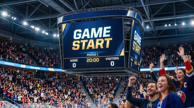 Scoreboard displaying game start, Excited hockey fans cheering under scoreboard at indoor stadium game start  