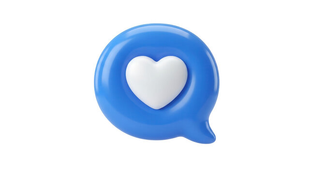 3d render of a blue speech bubble icon with a white heart isolated on transparent background