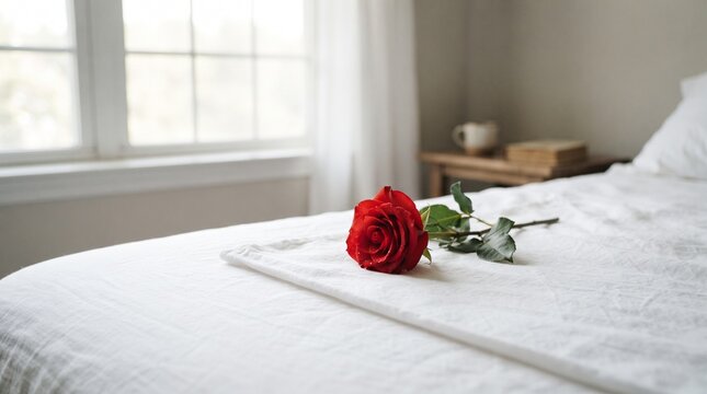 Red Rose on White Bedding