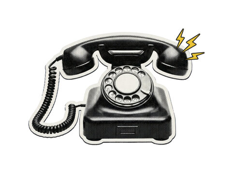 Rotary telephone ringing with yellow lightning bolts on a transparent background in black and white halftone comic style