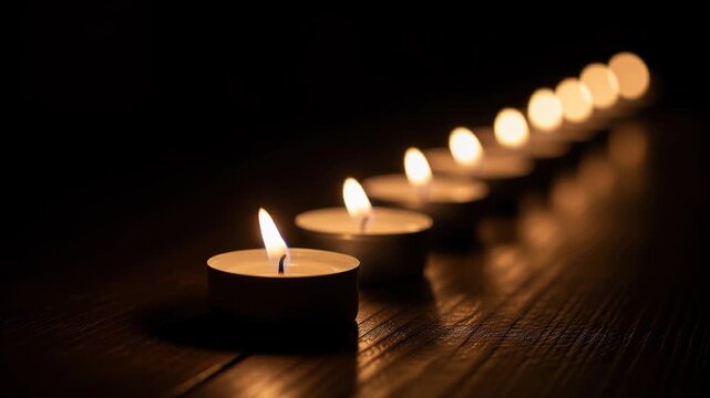 Row of lit tea light candles in the dark
