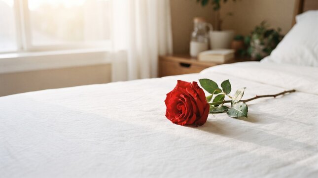 Red Rose on White Bed