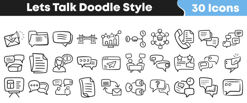 Hand drawn doodle style communication icons set for creative projects