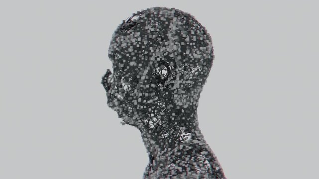 Seamless loop of abstract human bust formed by a complex particle plexus network. Digital futuristic artificial intelligence model made of connected molecular nodes and neural lattice science backgrou