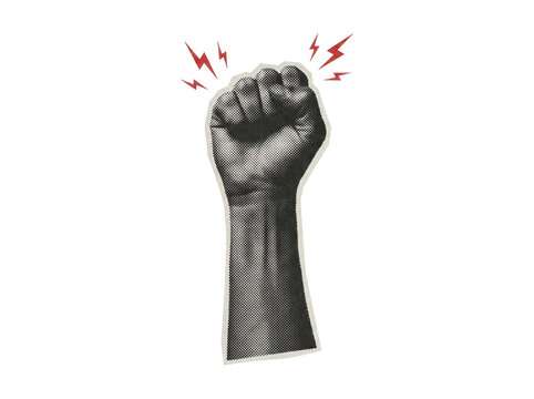 Raised clenched fist in black and white halftone style with red lightning bolts, isolated graphic
